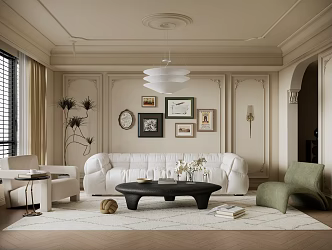 French Cream Style Living Room Multi-person Sofa Shaped Coffee Table Casual Single-person Side Table Chandelier 3d model