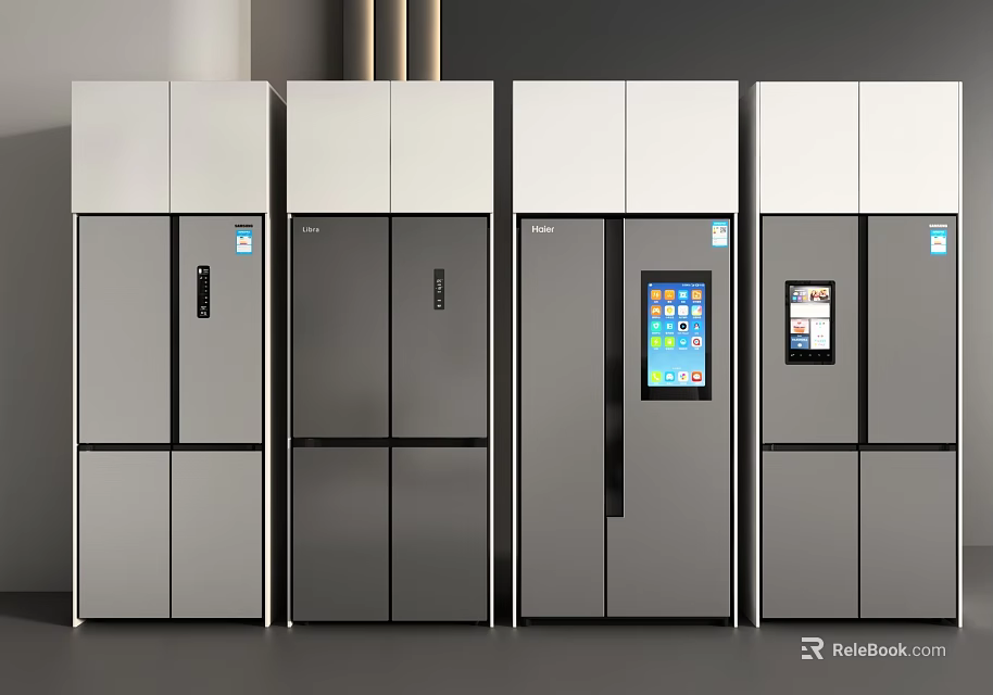 Modern Multi Door Refrigerators With Display Screens Displayed Side By Side In Kitchen 3d model