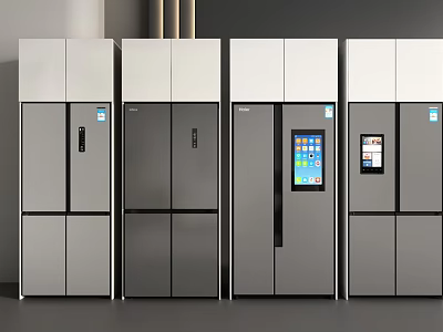 Modern Multi Door Refrigerators With Display Screens Displayed Side By Side In Kitchen 3d model