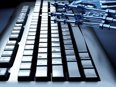 Futuristic Computer Keyboard With Robotic Arms Typing In Modern Tech Environment Setup 3d model