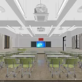 School Classroom With Green Desks Chairs Whiteboard Flag Ceiling Fans Windows And Lighting