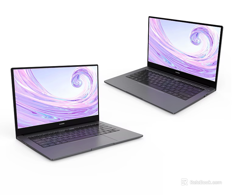 Two Gray Laptops With Purple Pink Swirl Screen Display And Modern Design 3d model 