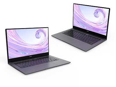 Two Gray Laptops With Purple Pink Swirl Screen Display And Modern Design 3d model