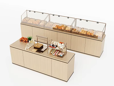 Wooden Showcase Shelves with Glass Covers for Baked Goods Bread and Pastries in Bakery 3d model