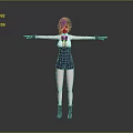 Woman with purple black hair wearing white top dark shorts red bow tie arms outstretched