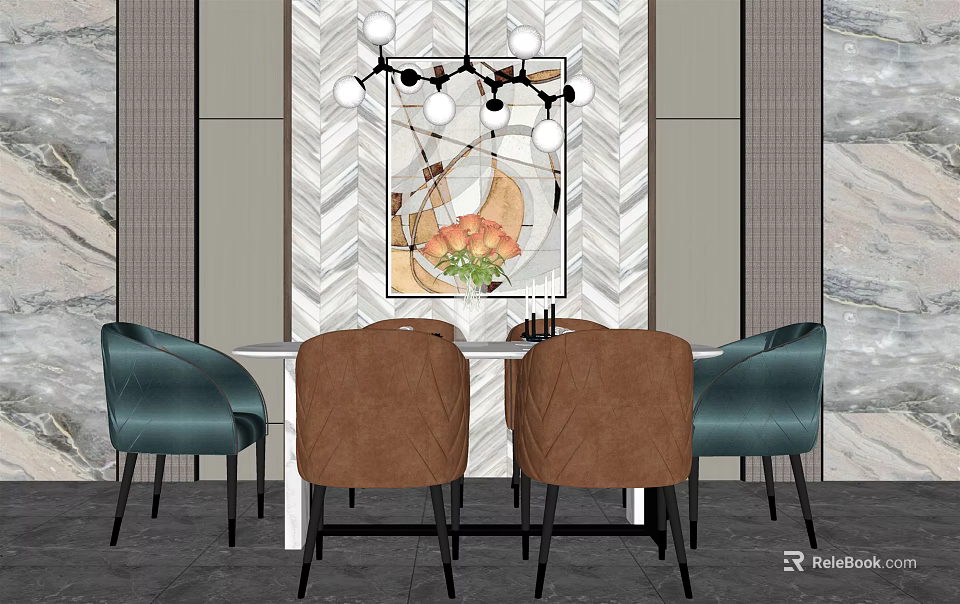 Modern Dining Table Set With Blue And Brown Chairs Hanging Light And Artwork 3d model