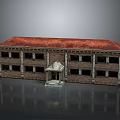 Vintage Brick Building Model Featuring Red Roof Multiple Floors And Decorative Entrance