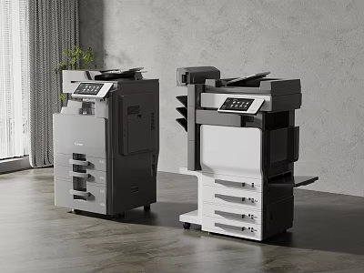 Modern Office Interior Featuring Gray And White Multifunctional Copier Printer Appliances 3d model