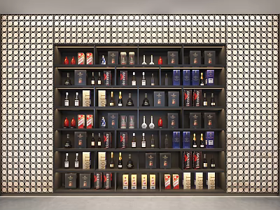Stylish Wine Cabinet Displaying Organized Alcohol Bottles On Grid Patterned Wall 3d model