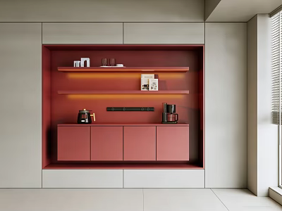 Stylish Built in Red Sideboard with Light Gray Background and Warm Lighting Shelves 3d model