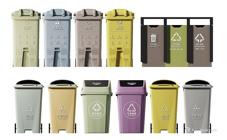 Colorful Public Facility Waste Bins For Recycling And Sorted Waste 3d model 