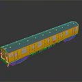 Yellow Train Model With Blue Roof And Multiple Windows On Black Smooth Surface With Reflection