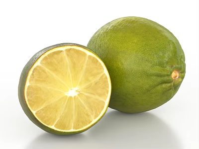 Fresh Green Limes Whole and Cut in Half Showing Juicy Flesh on White Background 3d model