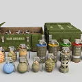 Military Weapons Including Grenades Bombs and Ammunition in Green Ammo Crates with Various Colors Shapes
