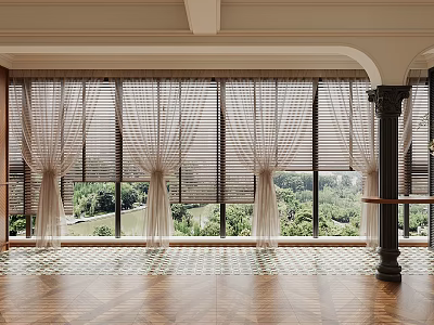 Sheer Beige Curtains Draped Over Large Windows With Garden View And Natural Light 3d model