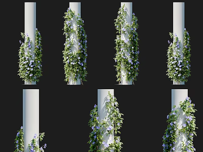 Lush Vines With Green Leaves And Purple Flowers Growing On White Decorative Columns 3d model