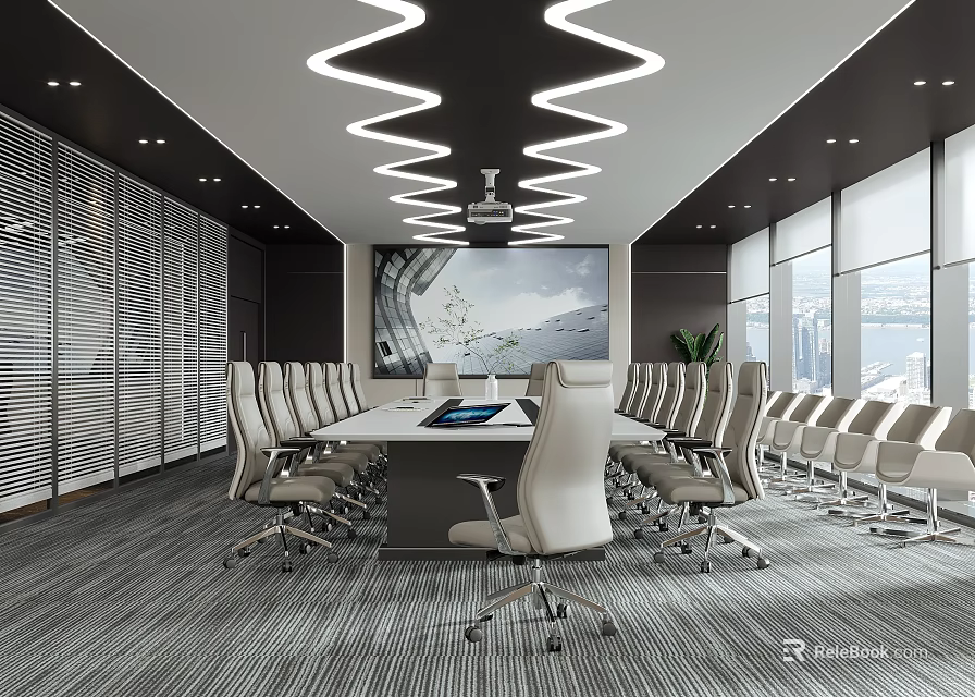 Modern Conference Room Interior Design With Large Meeting Table Ergonomic Chairs And Wave Ceiling Lights 3d model 