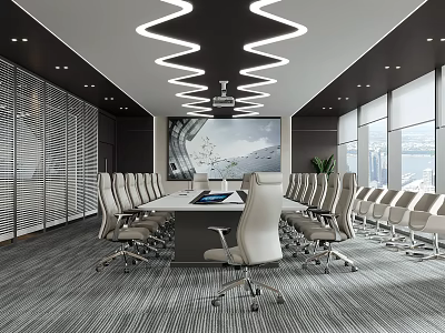 Modern Conference Room Interior Design With Large Meeting Table Ergonomic Chairs And Wave Ceiling Lights 3d model