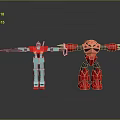 Two Robot Characters With Blue Green Red Black Design Extended Arms Sword And Claw Weapons