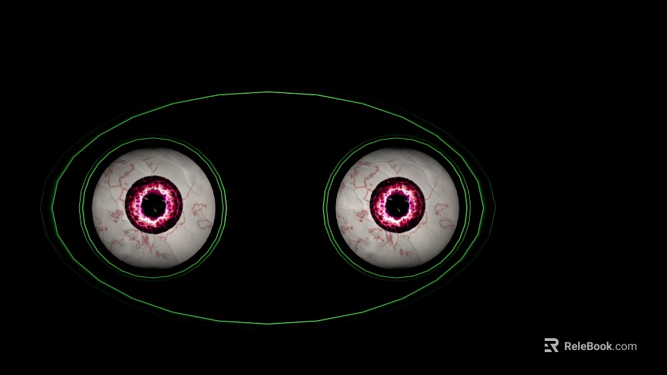 Detailed Eyes With Pink Pupils And Green Outline On Black Background 3d model 