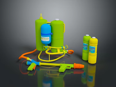 Tactical Weapon Sprayer Equipment With Green Blue Cans And Yellow Ammunition Bottles 3d model