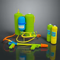 Tactical Weapon Sprayer Equipment With Green Blue Cans And Yellow Ammunition Bottles