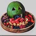 Decorative Ceramic Plate Holding Carved Jack O Lantern Watermelon And Assorted Fresh Fruits