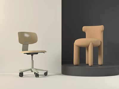 Beige Children's Chair with Wheels and Light Brown Armrests Displayed Against Different Walls on Platform 3d model