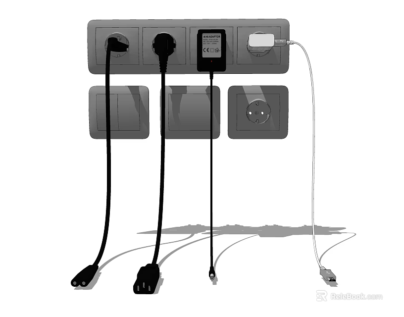 Gray Switch Panel With Multiple Sockets And Connected Electrical Plugs And Wires 3d model 