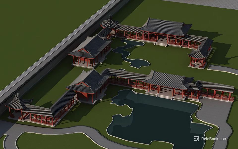 Ancient Chinese Architecture Complex Featuring Courtyard Pond And Traditional Tiled Roofs 3d model