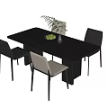 Modern Gray Dining Table and Chairs Set with Fruit Bowl and Plant Vase