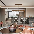 Modern Living and Dining Room Interior With Sofa Dining Table Marble Counter and Pendant Lights