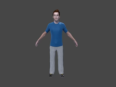 Man in blue T shirt and gray pants standing with arms outstretched against gray background 3d model