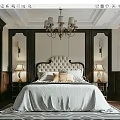 Elegant Bedroom Interior With Tufted Headboard Chandelier Dark Wood Decor And Geometric Rug