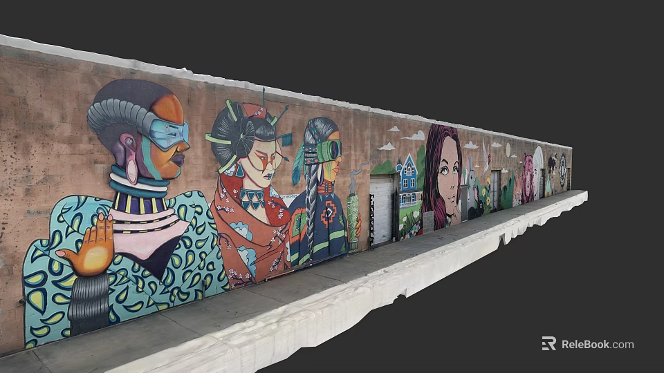 Mirror Showing Colorful Street Art Murals With Diverse Characters On Wall 3d model 