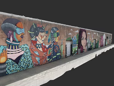 Mirror Showing Colorful Street Art Murals With Diverse Characters On Wall 3d model