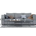 Modern Gray Sofa and Black Coffee Table Set With Pillows and Throw Blanket 3d model