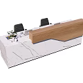 Modern Reception Desk With White Countertop Wooden Back Panel Laptops Office Chairs And Green Plants