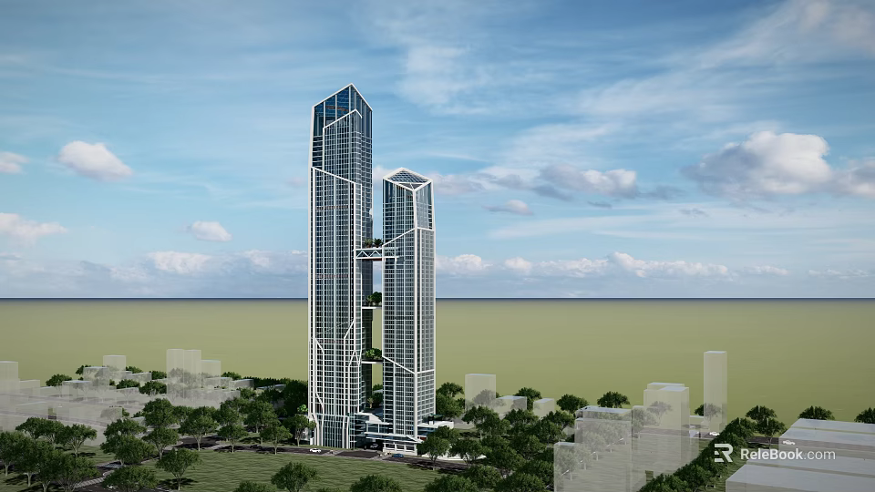 Twin Modern Skyscrapers Surrounded by Green Trees and Sea View Under Blue Sky 3d model 