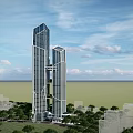 Twin Modern Skyscrapers Surrounded by Green Trees and Sea View Under Blue Sky