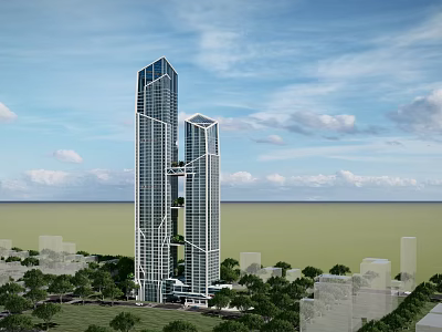 Twin Modern Skyscrapers Surrounded by Green Trees and Sea View Under Blue Sky 3d model