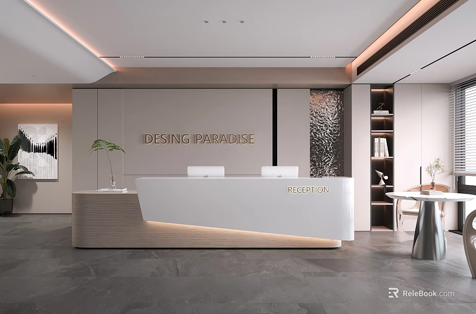 Modern Reception Desk Design With Design Paradise Sign Elegant Lighting And Wooden Elements 3d model 