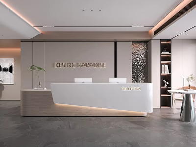 Modern Reception Desk Design With Design Paradise Sign Elegant Lighting And Wooden Elements 3d model