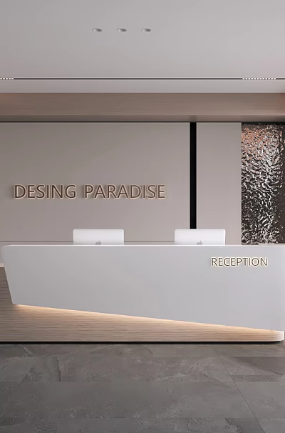 Modern Reception Desk Design With Design Paradise Sign Elegant Lighting And Wooden Elements 3d model