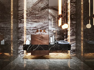 Elegant Modern Bathroom Vanity With Marble Countertop Brass Accents And Pendant Lighting 3d model