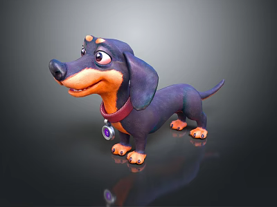 Playful Cartoon Dachshund Character 3D Rendered With Purple Body Red Collar And Friendly Expression 3d model