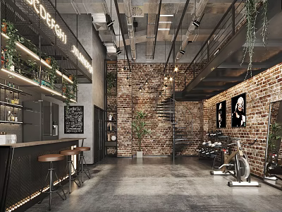 Modern Industrial Café Interior With Brick Wall Spiral Staircase Greenery Bar Counter Blackboard Menu 3d model