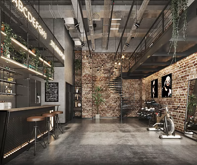 Modern Industrial Café Interior With Brick Wall Spiral Staircase Greenery Bar Counter Blackboard Menu 3d model