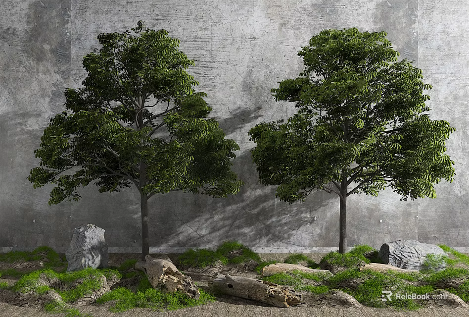Two Trees in Front of Gray Wall with Stones Logs and Grass 3d model 