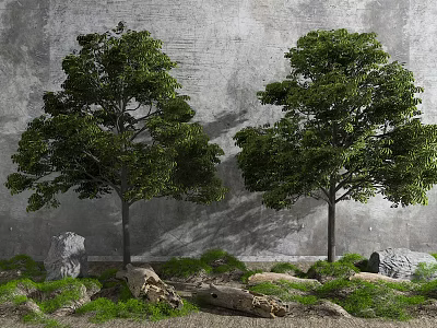 Two Trees in Front of Gray Wall with Stones Logs and Grass 3d model